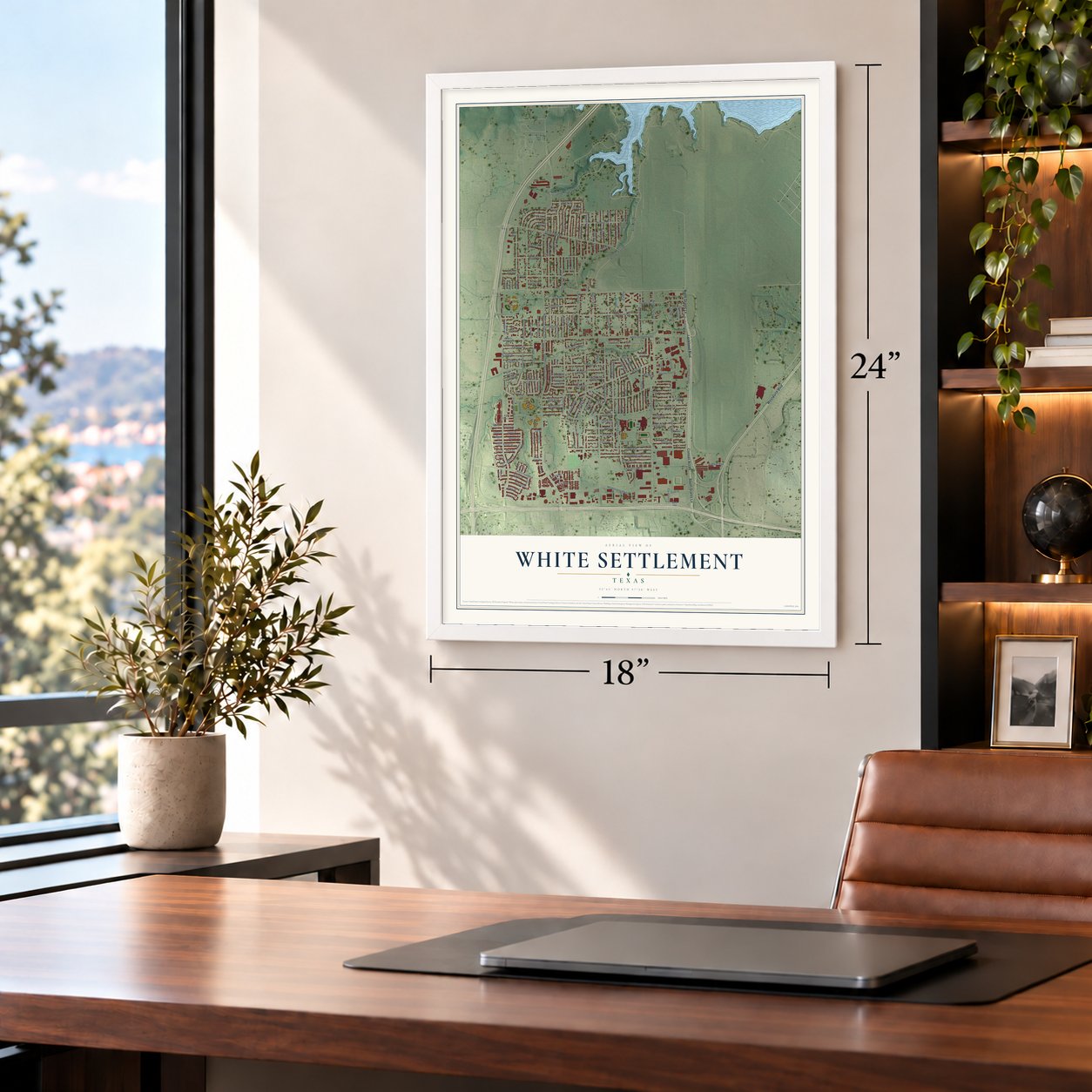 White Settlement, Texas map, 18 x 24 inch print in a white frame in a home office