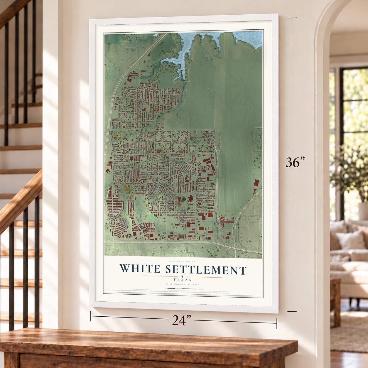 White Settlement, Texas map, 24 x 36 inch print in a white frame by a staircase