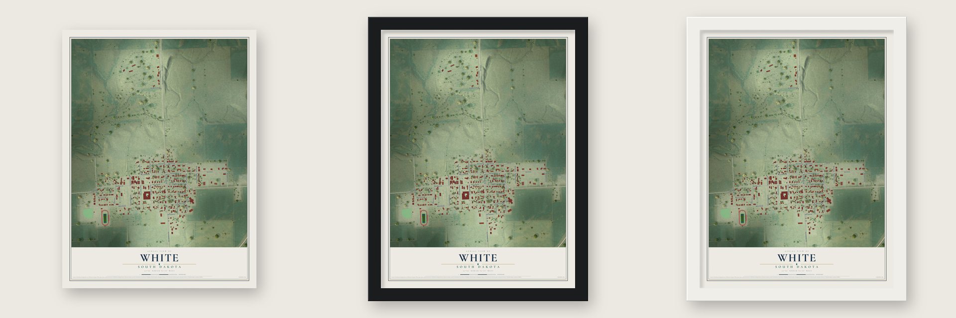 White, South Dakota map unframed, in a black wood frame and in a white wood frame
