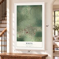 White, South Dakota map, 24 x 36 inch print in a white frame by a staircase