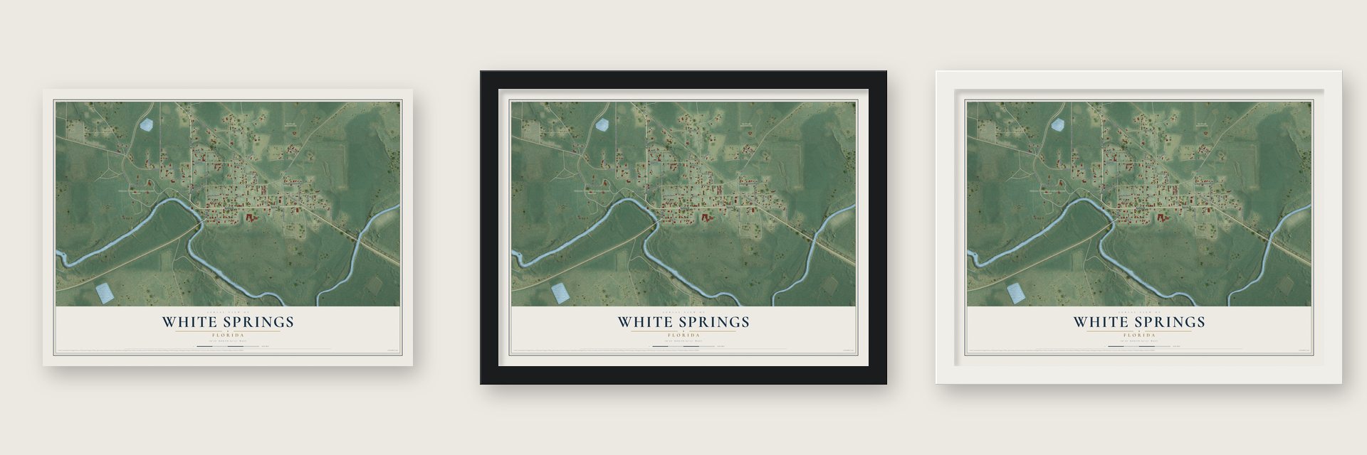 White Springs, Florida map unframed, in a black wood frame and in a white wood frame