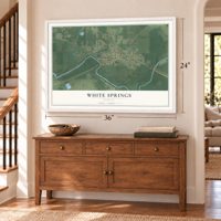 White Springs, Florida map, 24 x 36 inch print in a white frame above a dresser by a staircase