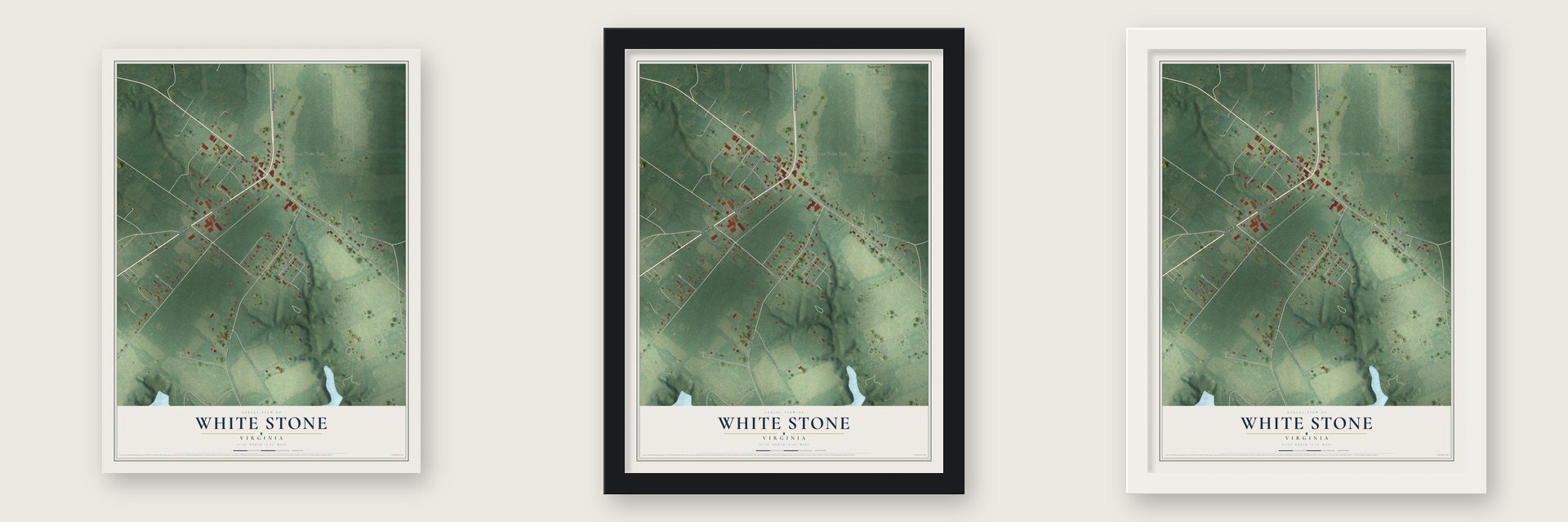 White Stone, Virginia map unframed, in a black wood frame and in a white wood frame