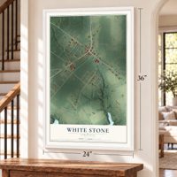 White Stone, Virginia map, 24 x 36 inch print in a white frame by a staircase