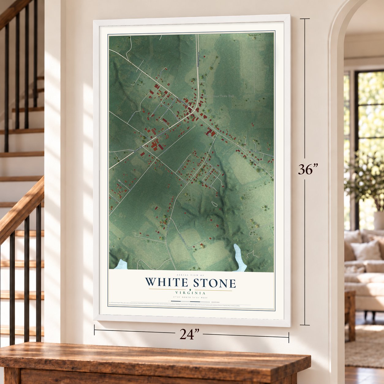 White Stone, Virginia map, 24 x 36 inch print in a white frame by a staircase