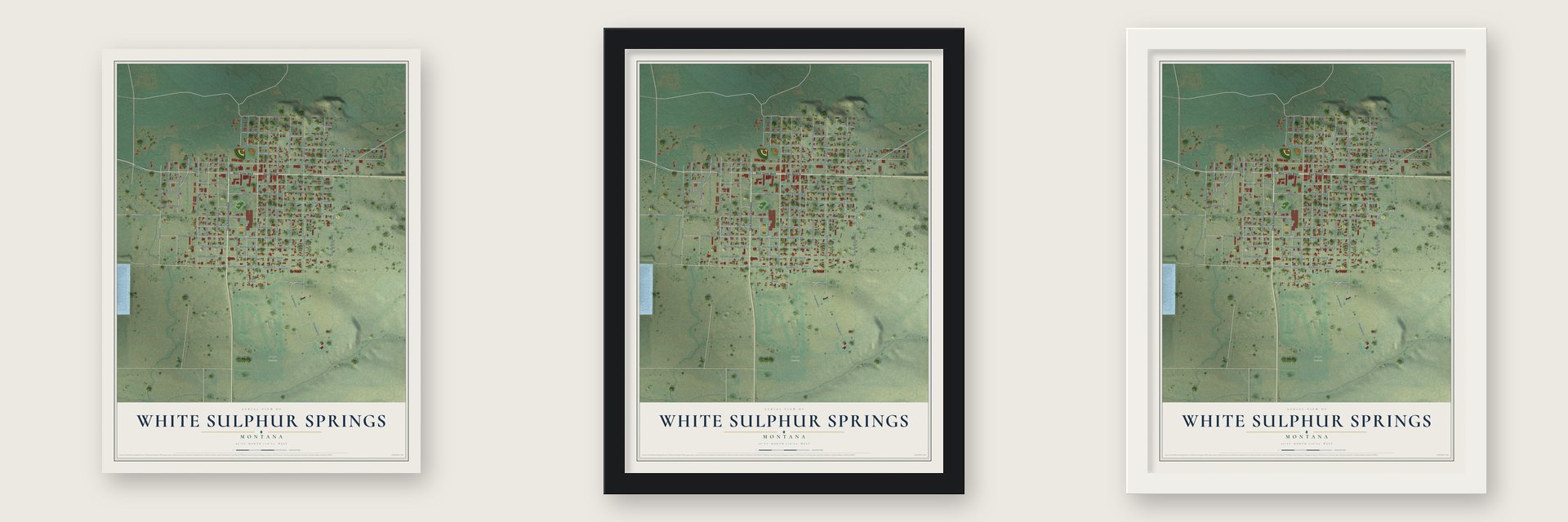 White Sulphur Springs, Montana map unframed, in a black wood frame and in a white wood frame