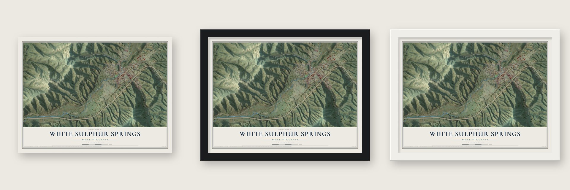 White Sulphur Springs, West Virginia map unframed, in a black wood frame and in a white wood frame