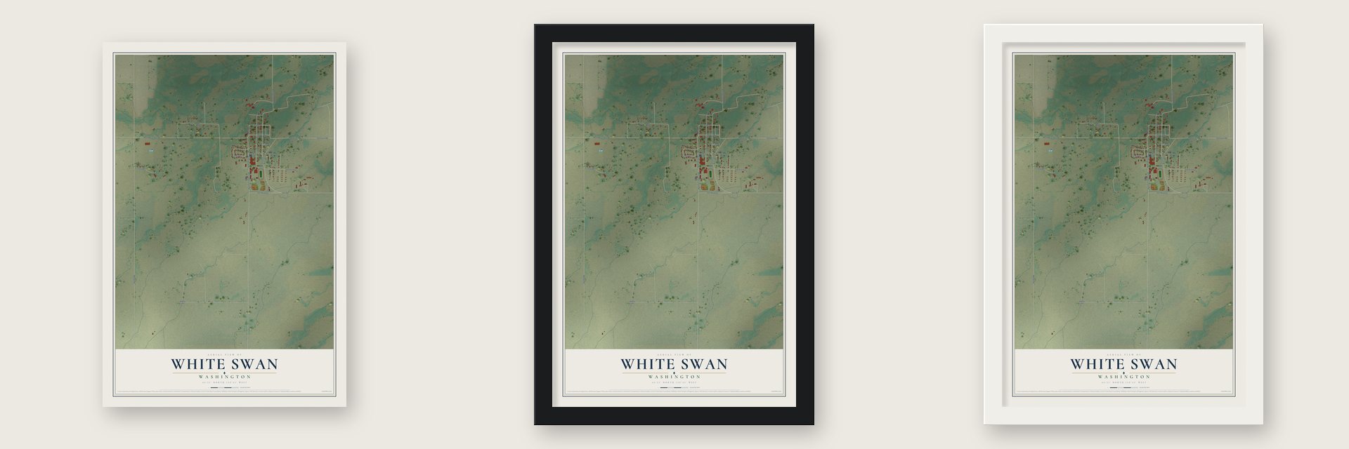White Swan, Washington map unframed, in a black wood frame and in a white wood frame