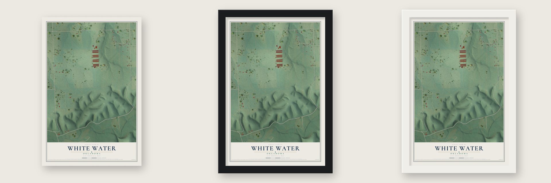 White Water, Oklahoma map unframed, in a black wood frame and in a white wood frame