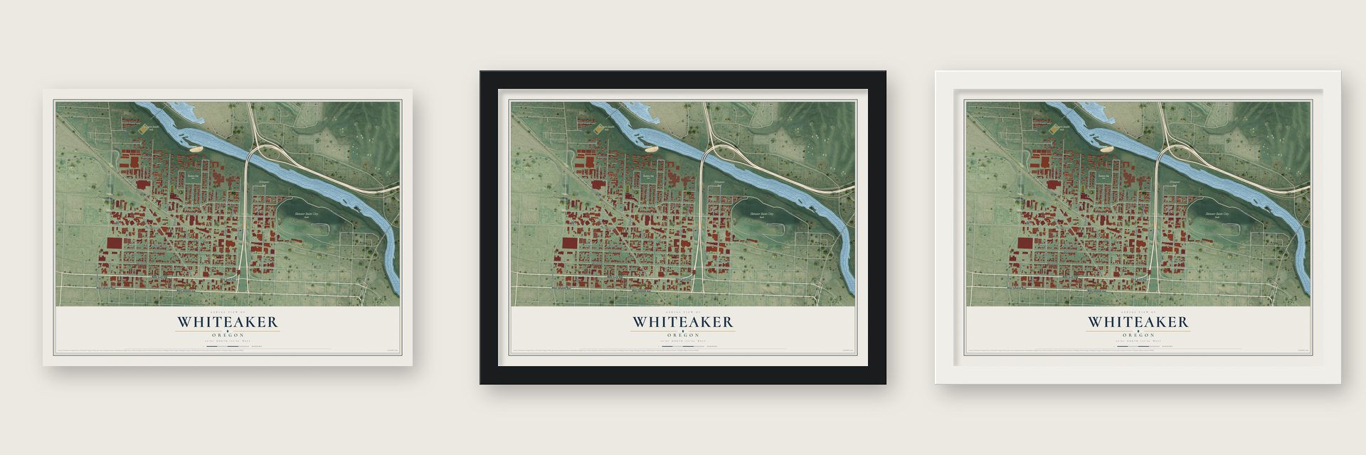 Whiteaker, Oregon map unframed, in a black wood frame and in a white wood frame