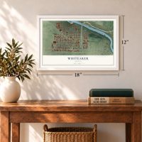 Whiteaker, Oregon map, 12 x 18 inch print in a white frame in an entryway