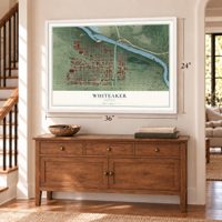Whiteaker, Oregon map, 24 x 36 inch print in a white frame above a dresser by a staircase