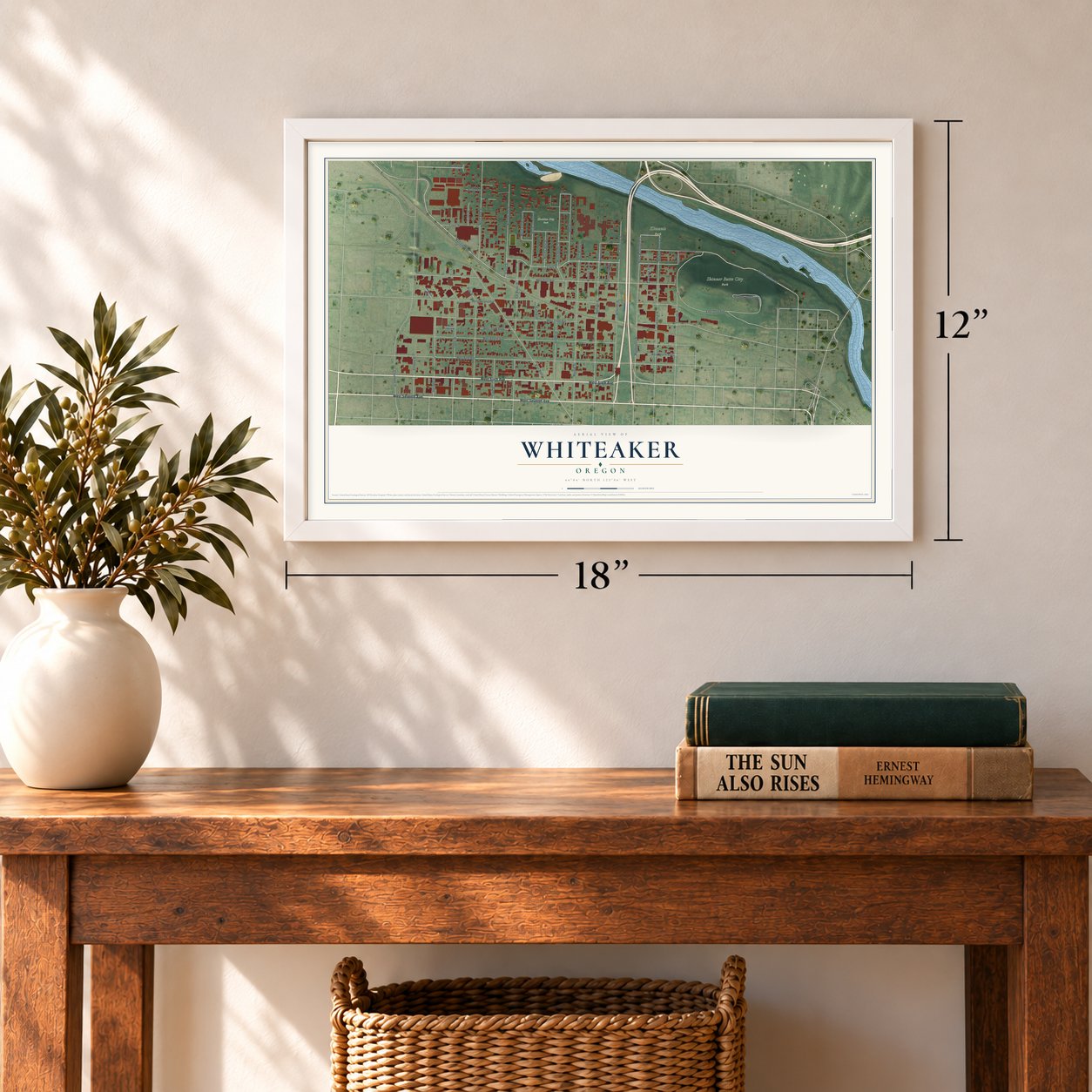 Whiteaker, Oregon map, 12 x 18 inch print in a white frame in an entryway