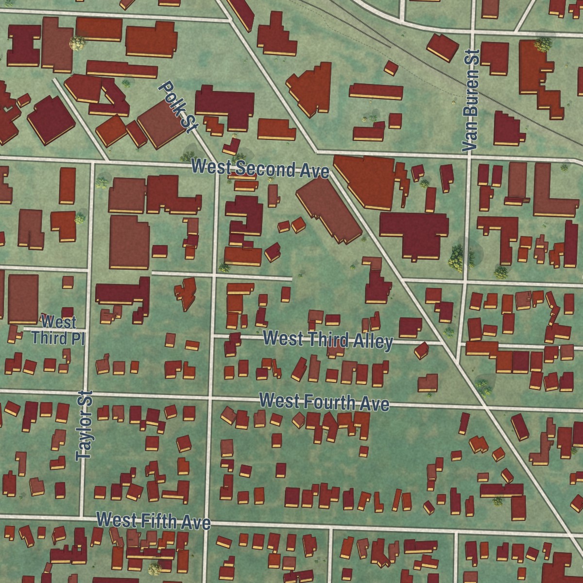 Second close-up of the map of Whiteaker, Oregon print showing more streets and buildings