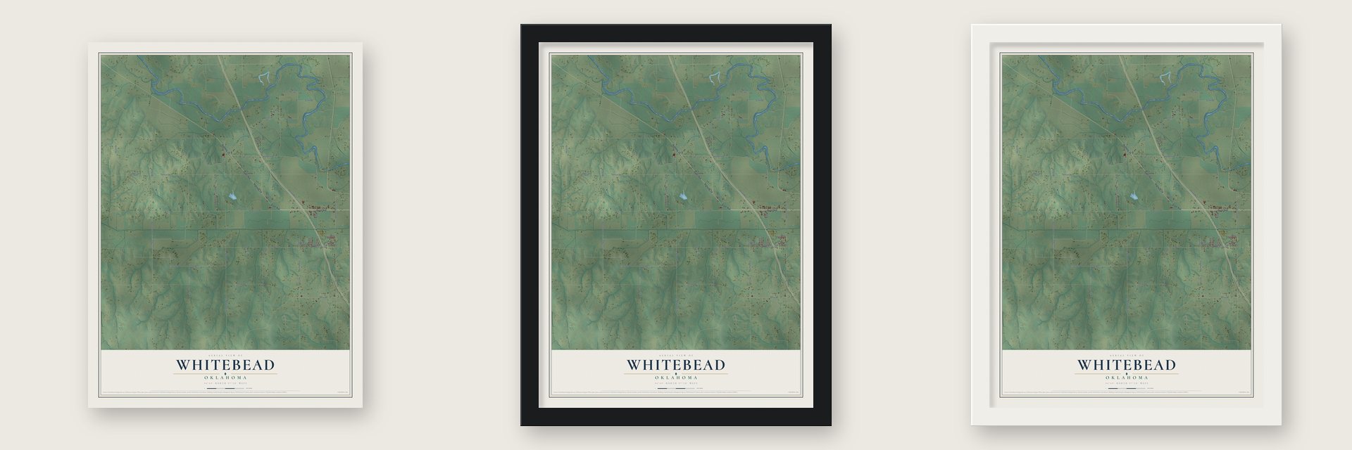 Whitebead, Oklahoma map unframed, in a black wood frame and in a white wood frame