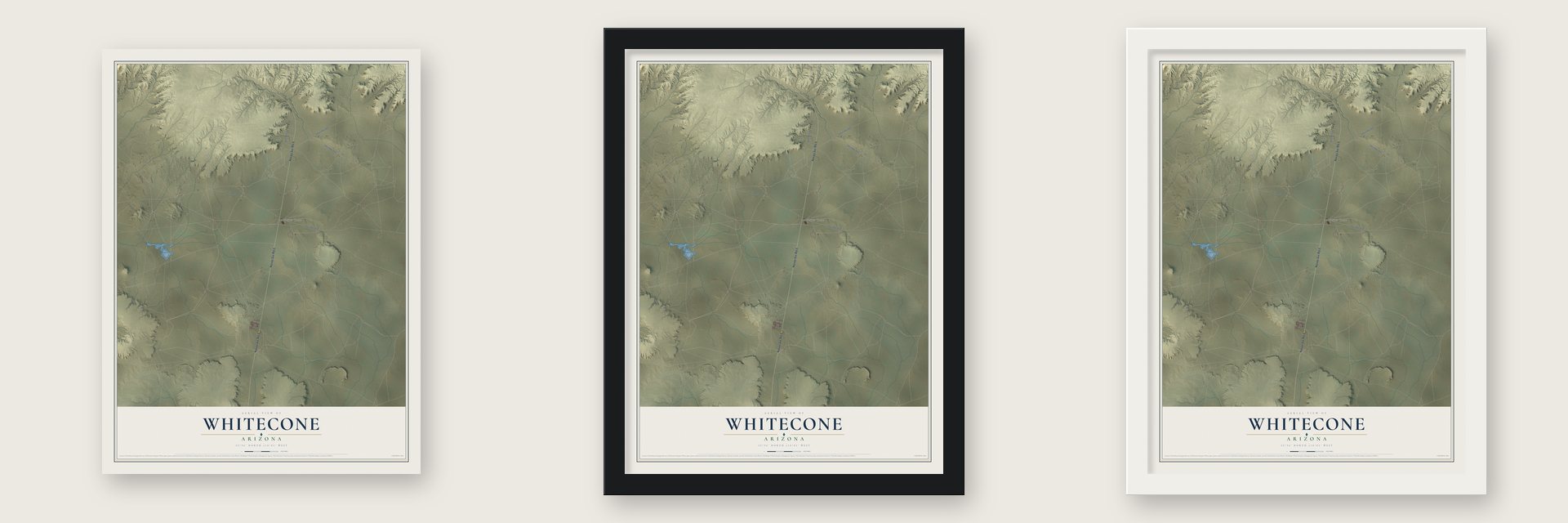 Whitecone, Arizona map unframed, in a black wood frame and in a white wood frame
