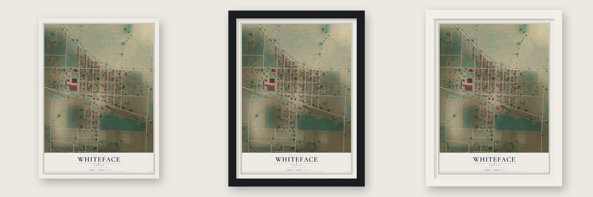 Whiteface, Texas map unframed, in a black wood frame and in a white wood frame