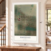 Whiteface, Texas map, 24 x 36 inch print in a white frame by a staircase