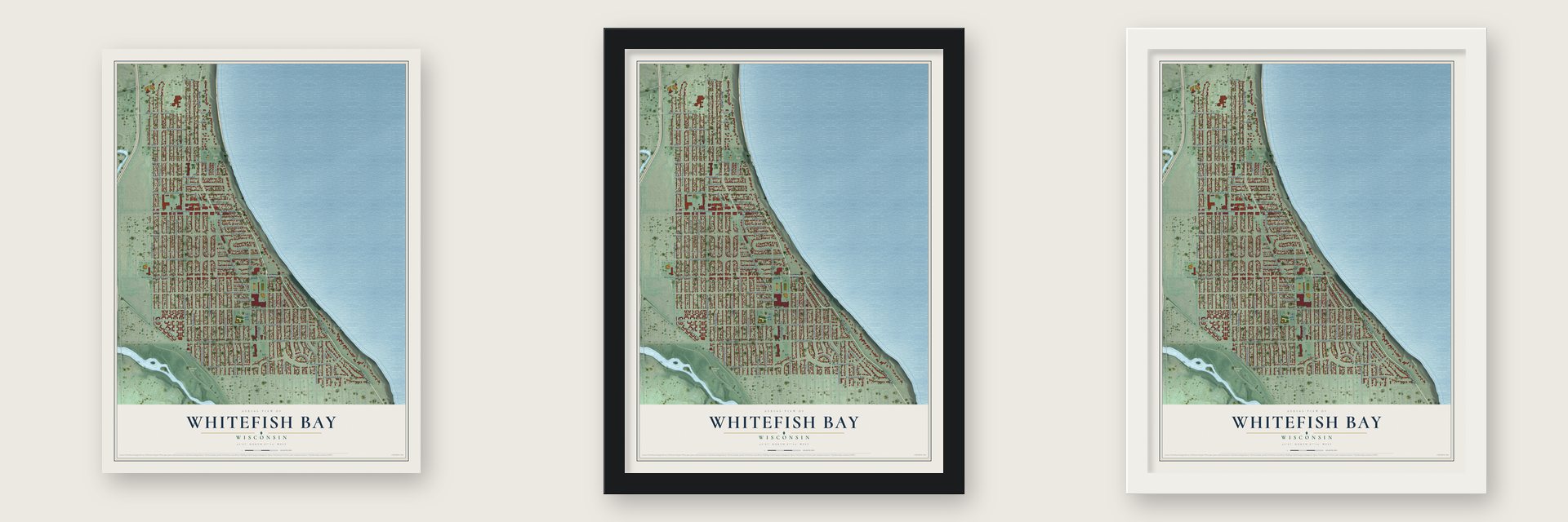 Whitefish Bay, Wisconsin map unframed, in a black wood frame and in a white wood frame