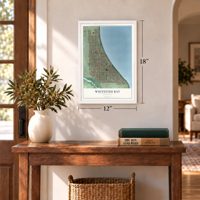 Whitefish Bay, Wisconsin map, 12 x 18 inch print in a white frame in an entryway