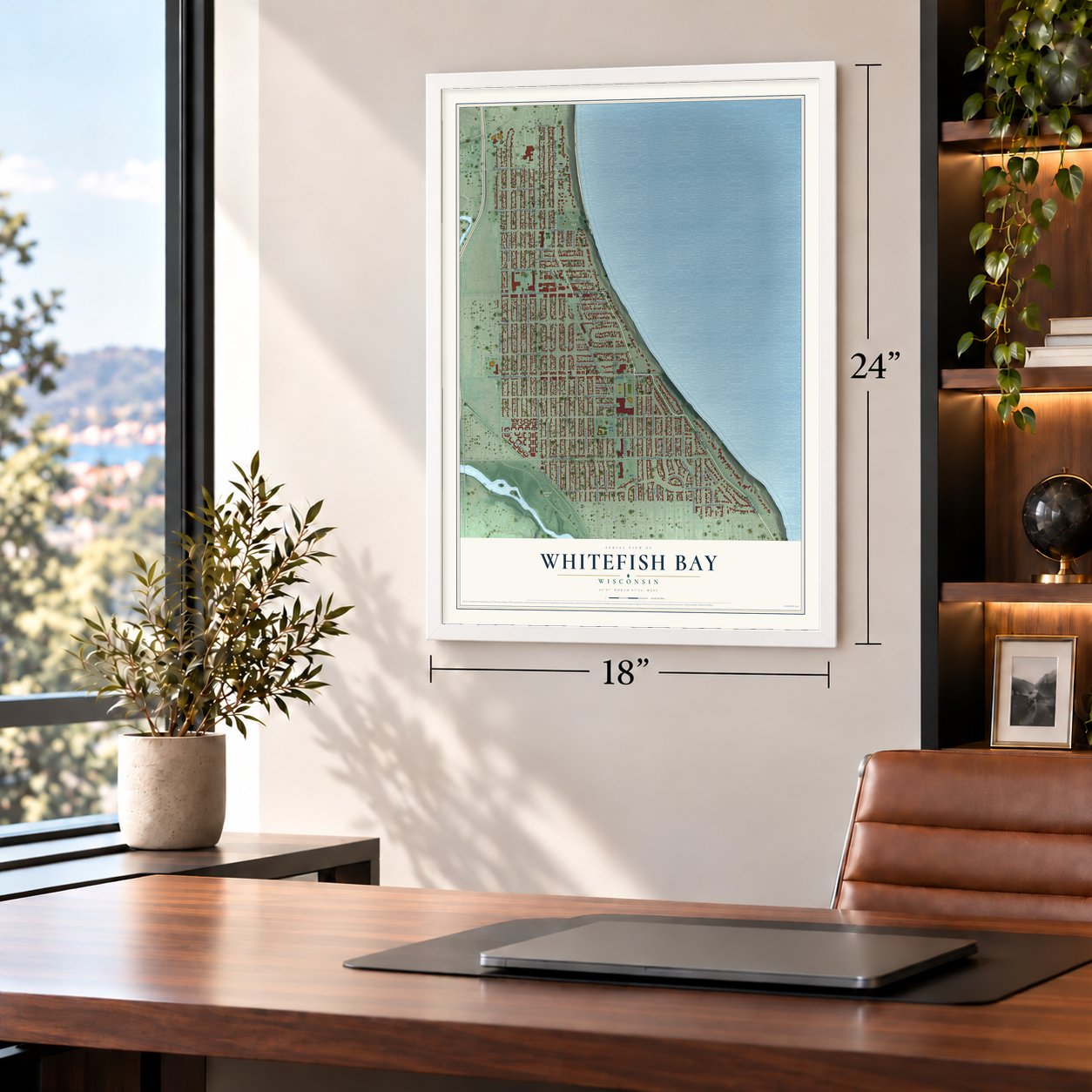 Whitefish Bay, Wisconsin map, 18 x 24 inch print in a white frame in a home office
