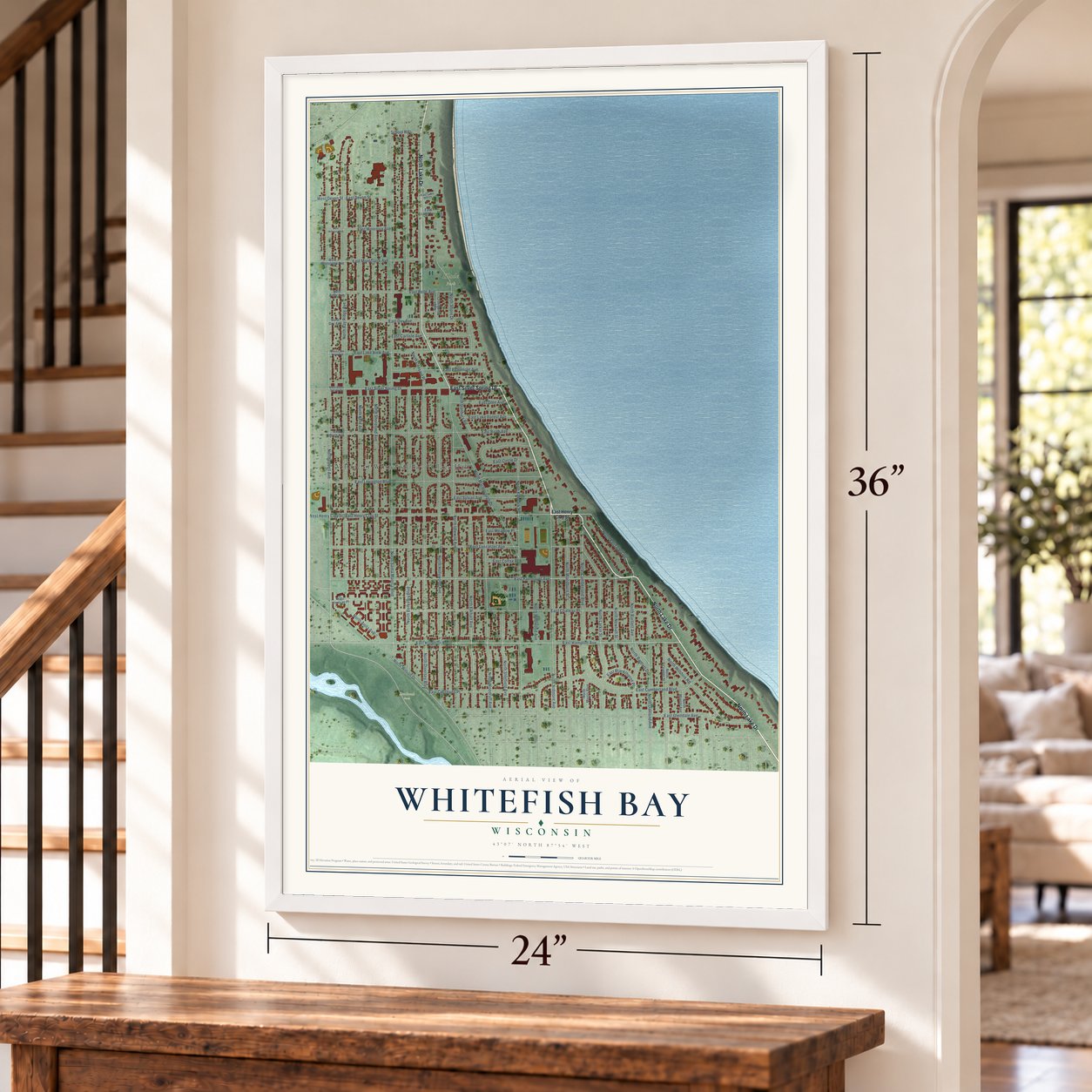 Whitefish Bay, Wisconsin map, 24 x 36 inch print in a white frame by a staircase
