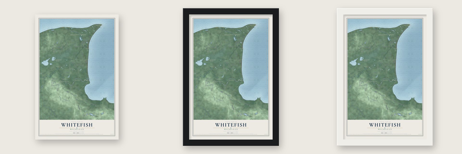 Whitefish, Michigan map unframed, in a black wood frame and in a white wood frame