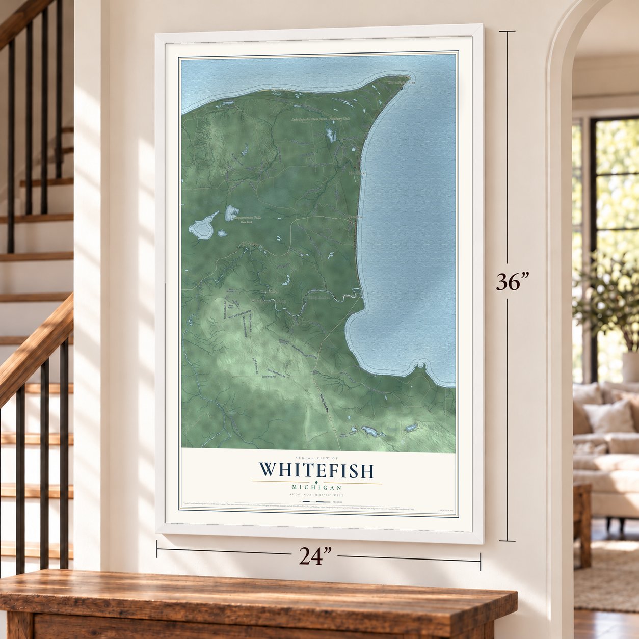 Whitefish, Michigan map, 24 x 36 inch print in a white frame by a staircase
