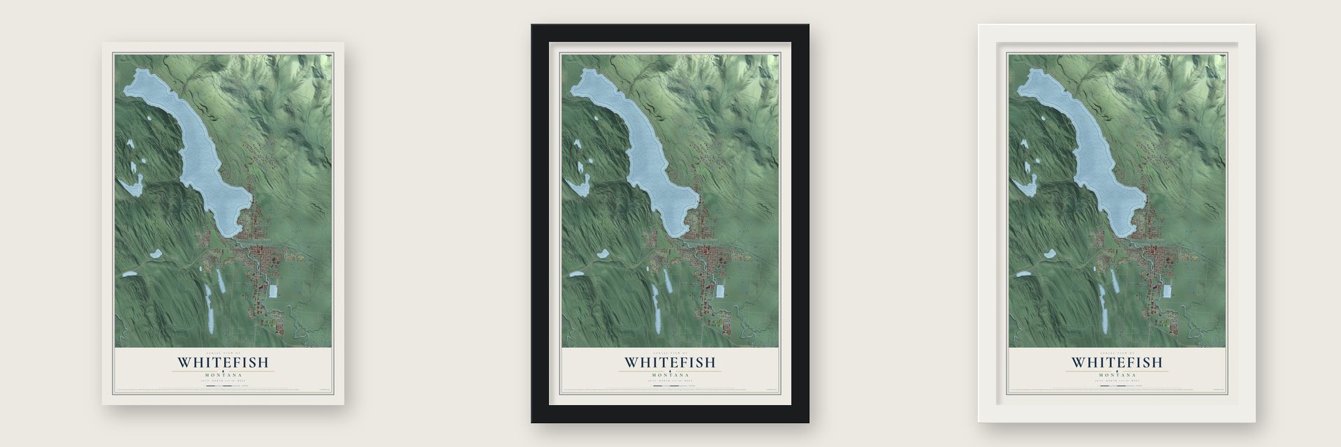 Whitefish, Montana map unframed, in a black wood frame and in a white wood frame