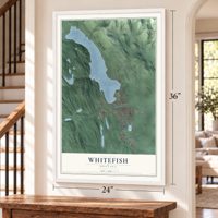 Whitefish, Montana map, 24 x 36 inch print in a white frame by a staircase
