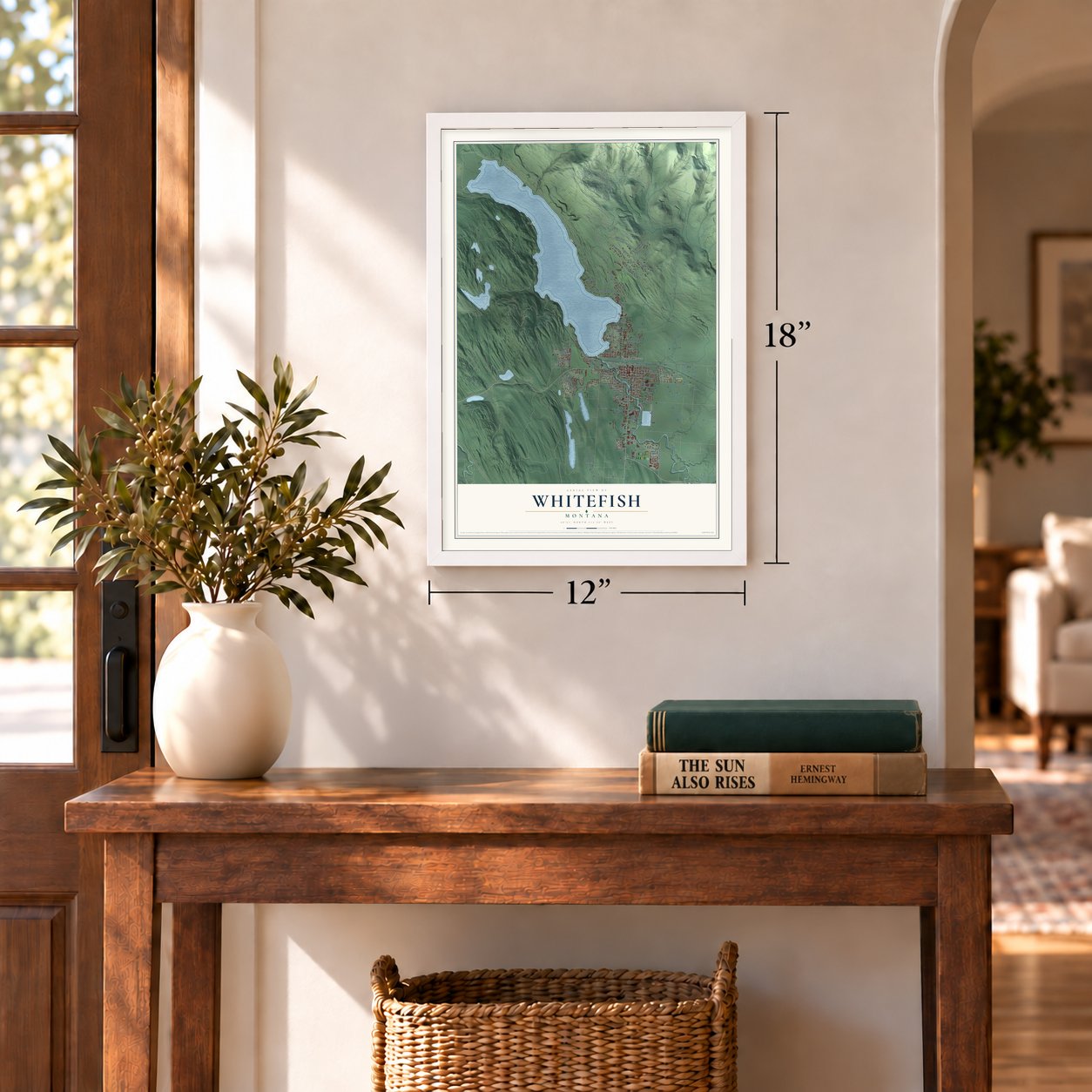 Whitefish, Montana map, 12 x 18 inch print in a white frame in an entryway