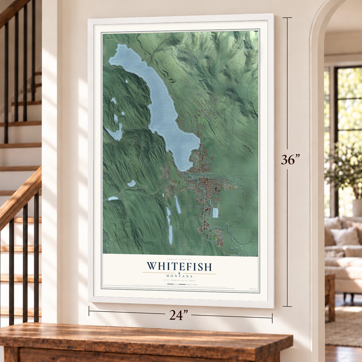 Whitefish, Montana map, 24 x 36 inch print in a white frame by a staircase