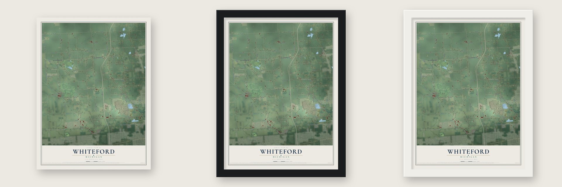 Whiteford, Michigan map unframed, in a black wood frame and in a white wood frame