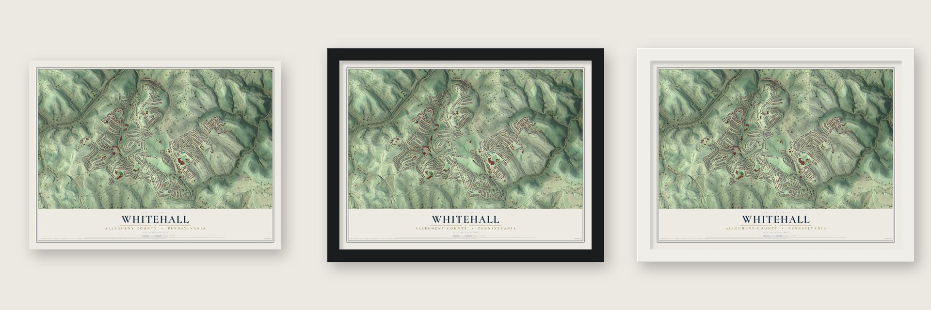 Whitehall, Allegheny County, Pennsylvania map unframed, in a black wood frame and in a white wood frame