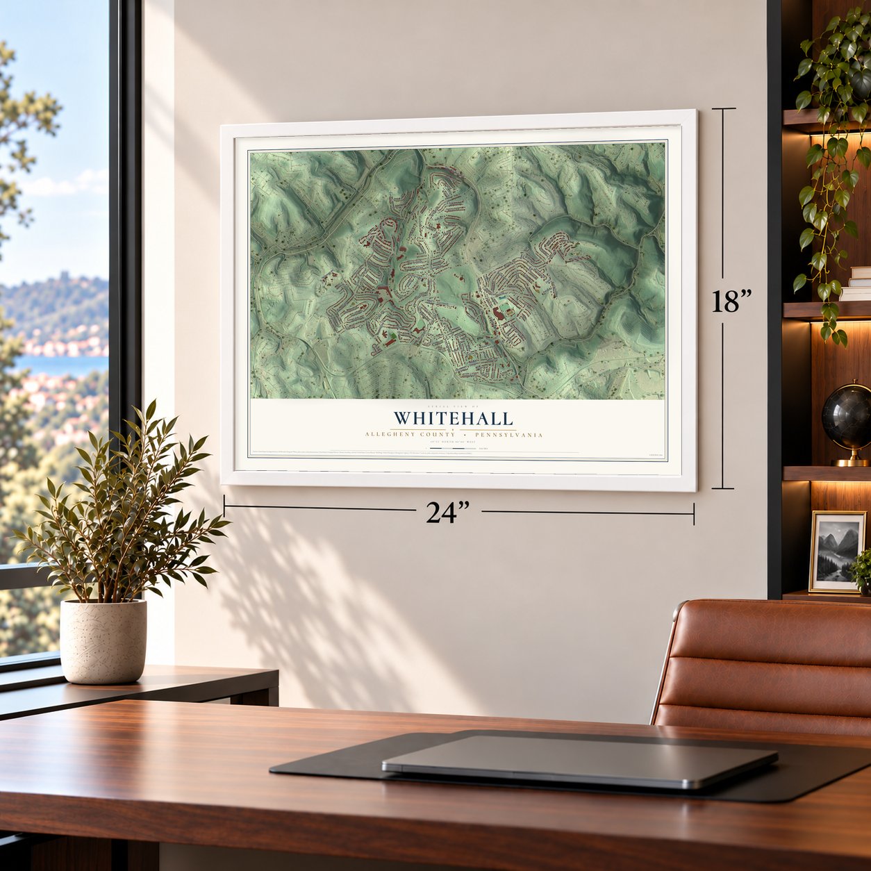 Whitehall, Allegheny County, Pennsylvania map, 18 x 24 inch print in a white frame in a home office