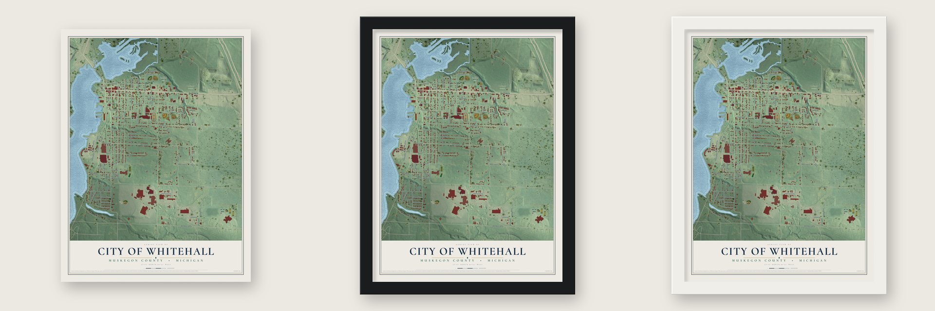 Whitehall, Michigan map unframed, in a black wood frame and in a white wood frame