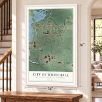 Whitehall, Michigan map, 24 x 36 inch print in a white frame by a staircase