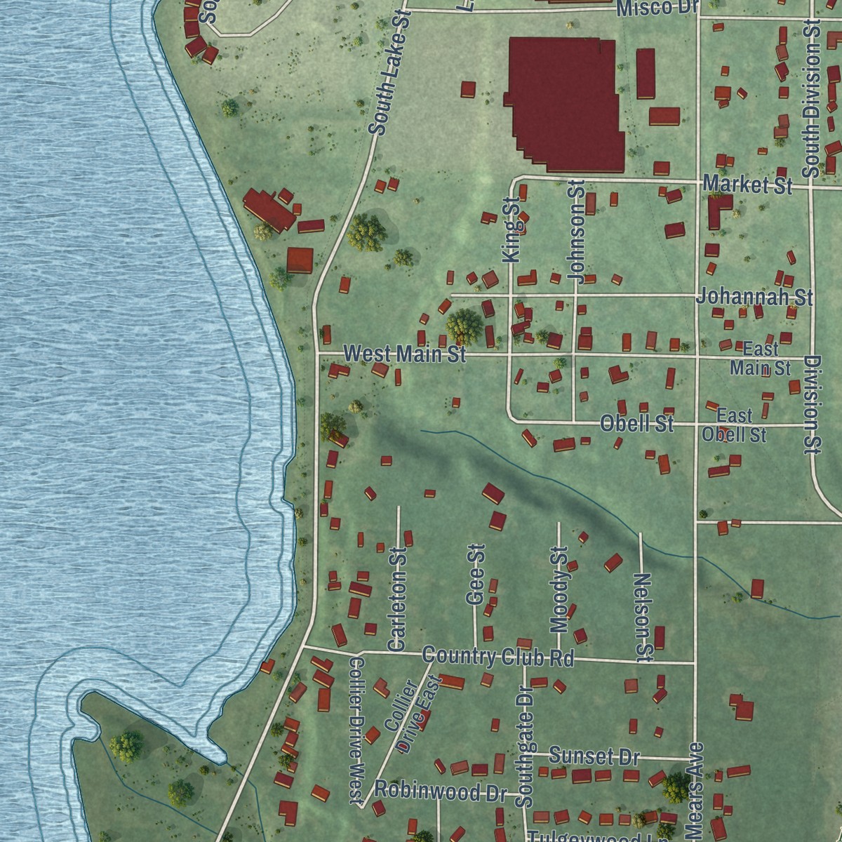 Second close-up of the map of Whitehall, Michigan print showing more streets and buildings