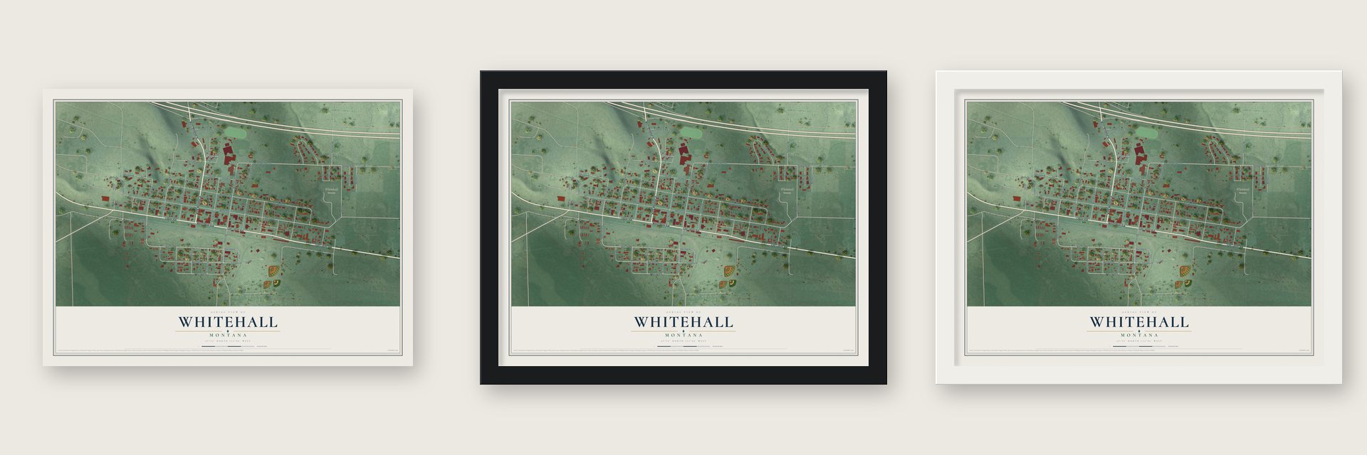 Whitehall, Montana map unframed, in a black wood frame and in a white wood frame