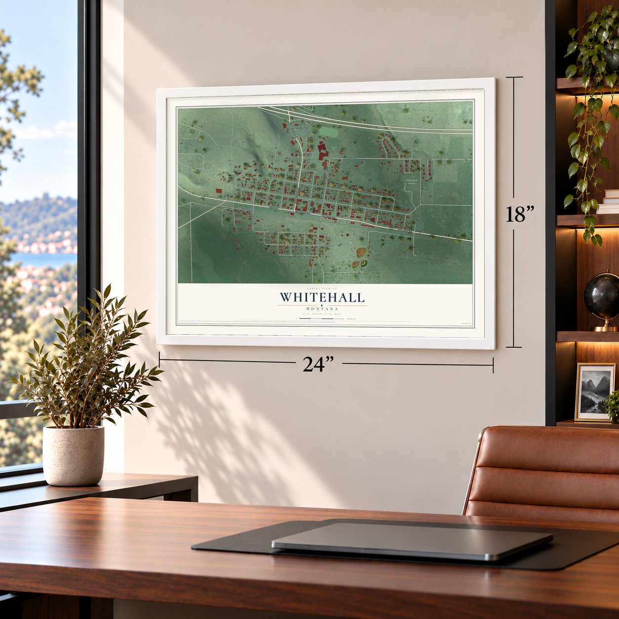 Whitehall, Montana map, 18 x 24 inch print in a white frame in a home office