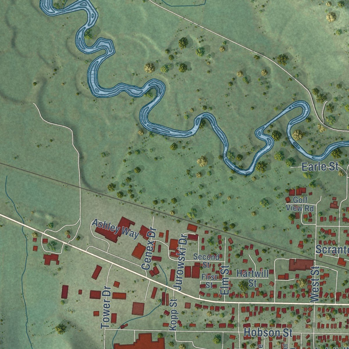 Second close-up of the map of Whitehall, Wisconsin print showing more streets and buildings