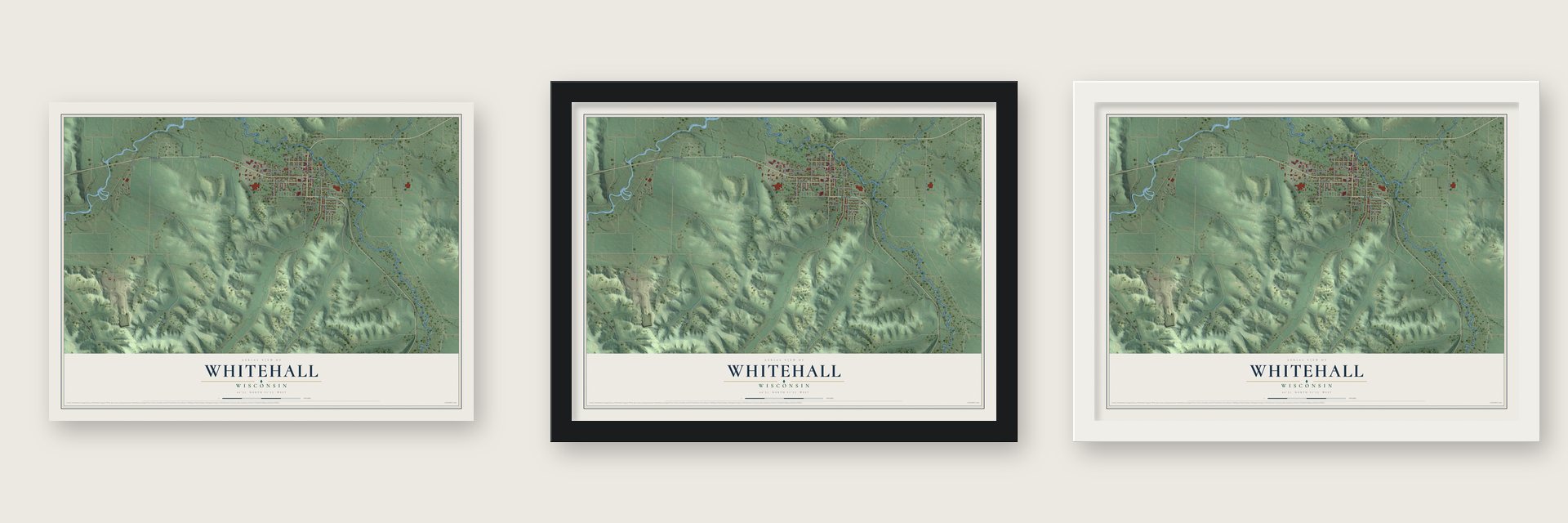 Whitehall, Wisconsin map unframed, in a black wood frame and in a white wood frame