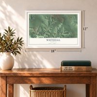 Whitehall, Wisconsin map, 12 x 18 inch print in a white frame in an entryway