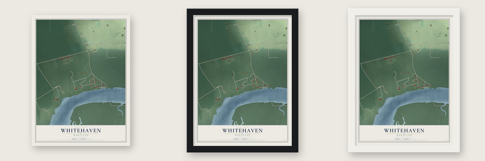 Whitehaven, Maryland map unframed, in a black wood frame and in a white wood frame