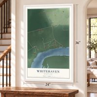 Whitehaven, Maryland map, 24 x 36 inch print in a white frame by a staircase