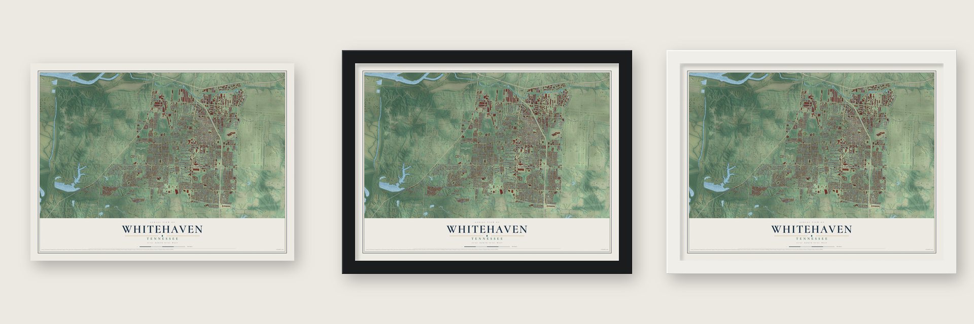 Whitehaven, Tennessee map unframed, in a black wood frame and in a white wood frame
