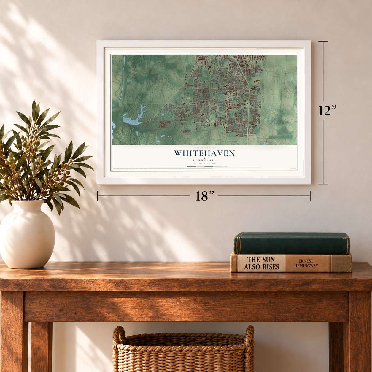 Whitehaven, Tennessee map, 12 x 18 inch print in a white frame in an entryway