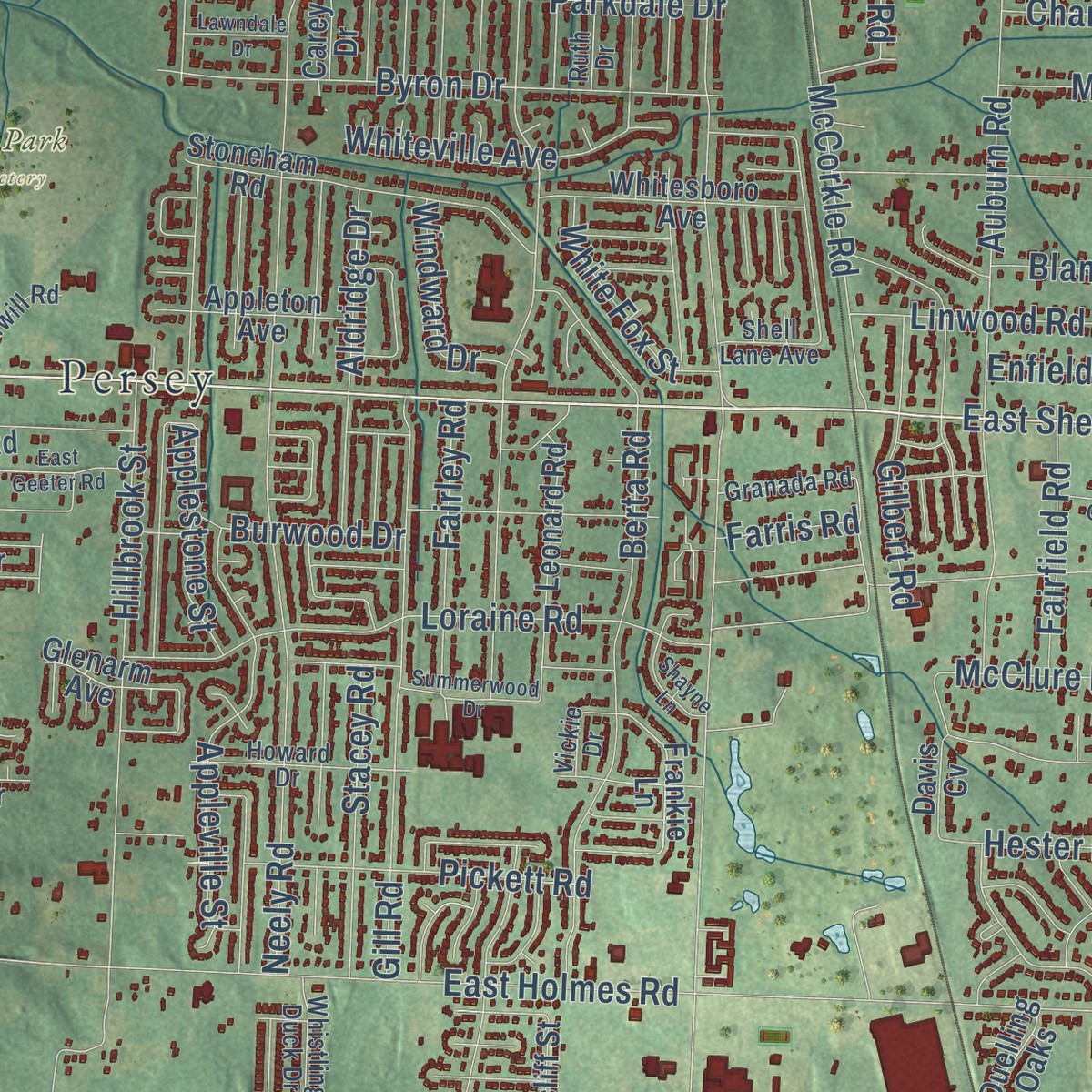 Second close-up of the map of Whitehaven, Tennessee print showing more streets and buildings
