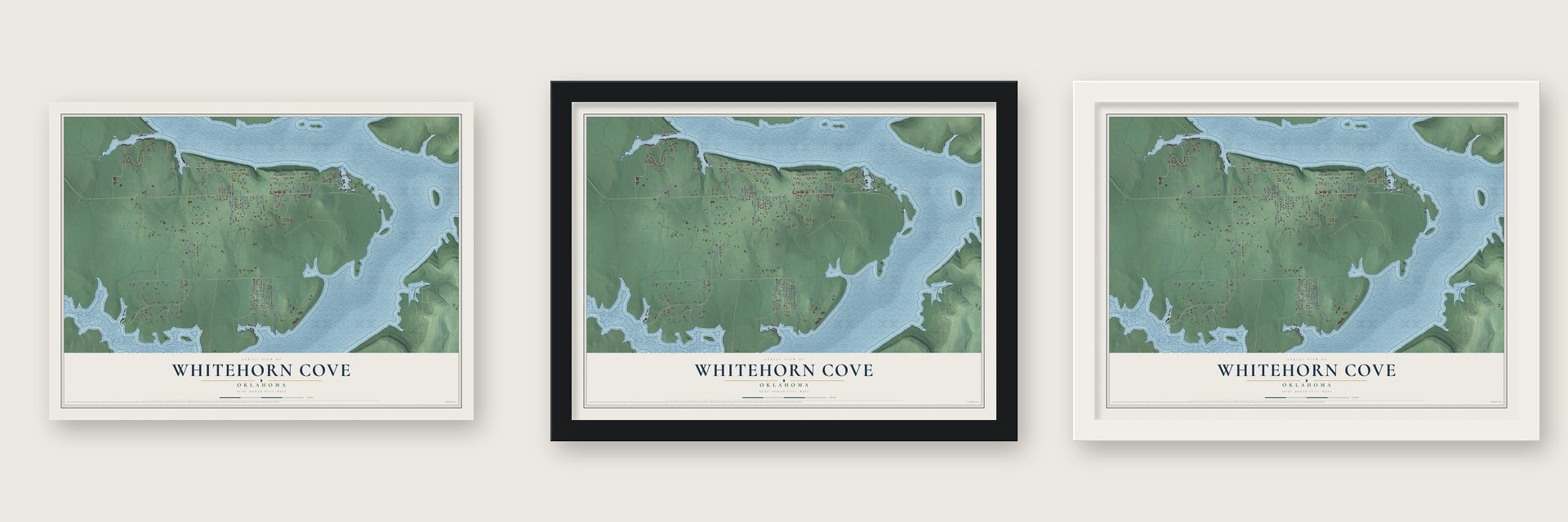 Whitehorn Cove, Oklahoma map unframed, in a black wood frame and in a white wood frame