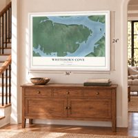 Whitehorn Cove, Oklahoma map, 24 x 36 inch print in a white frame above a dresser by a staircase